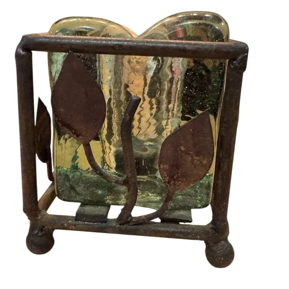 Mesa International Handcrafted Mexico Glass Wrought Iron Leaf Votive Holder